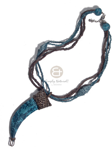 2 rows brown 2-3mm coco heishe and 2 rows blue glass beads  textured brush painted/marbled wood beads accent and 100mmx30mm matching fang pendant  nito holder / 18in - Multi Row Necklace