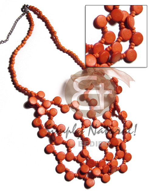 3 graduated rows of 10mm orange coco sidedrill  organza ribbon accent  and orange wood beads neckline/ 24in plus  ext. chain - Multi Row Necklace
