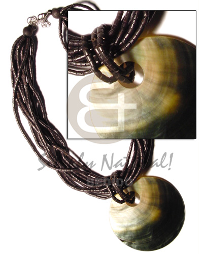 10 rows black coco heishe w. 75mm round black lip pendant - Multi Row Necklace