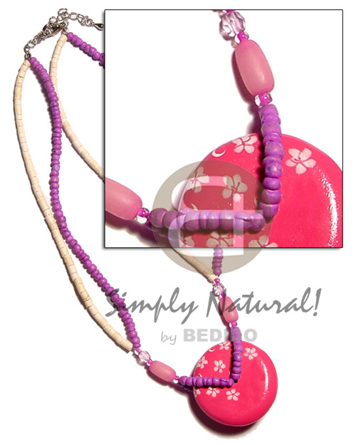 2 rows violet 2-3mm  coco heishe & 2-3mm coco heishe bleached  pink painted wood floral design/buri tube - Multi Row Necklace