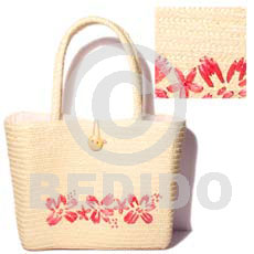pandan bag with pink straw and inner lining -  l=10.5 in. w= 8.5 in. base = 4 in. - Native Bags