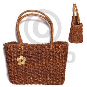 pandan rope bag/ medium/ 9 1/2x 4 1/2 x 7 in / handle 6 in  dangling 40mm flower MOP - Native Bags