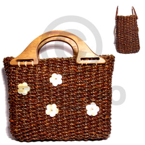 pandan rope bag with wood handle/ medium/ 9x4 1/2x 7 in/ handle 8 1/2  8 pcs. 30mm flower MOP - Native Bags