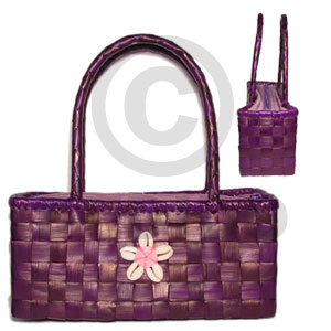 pandan recta with lining/ small/ 10x3 1/2x 4 1/2 in/ handle 6 in.  "sigay" cowrie  shell flower - Native Bags