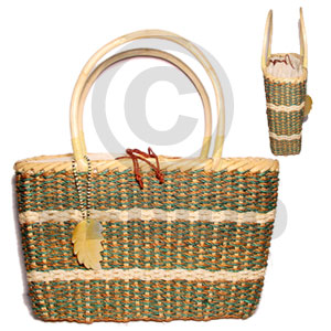 rattan handle with abaca/ large/ 11x 2 1/2x 8 in/ handle 5 1/2 in  dangling MOP leaf - Native Bags