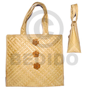 pandan heavy duty bag/ 13 1/2x 6 1/2x12 in. / handle 8 in.  3 coco flower accent - Native Bags