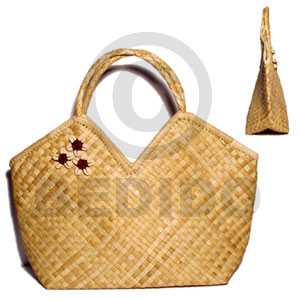 pandan v-bag/ 11x4 1/2x10 in / handle 6 in.  cowrie sigay shell accent - Native Bags