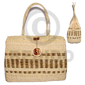 pandan indo braided with zipper/ 17x6 1/2x 13 in. / handle 9 in.  dangling brown.bleach coco ring & cowrie tiger shell - Native Bags