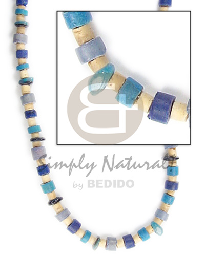 2-3mm c. heishe nat wht   4-5mm coco Pokalet blue tones combinationnation - Natural Earth Color Necklace