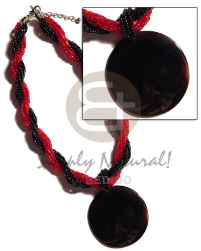 12 rows red /black twisted glass beads  50mm black tab shell pendant - Natural Earth Color Necklace