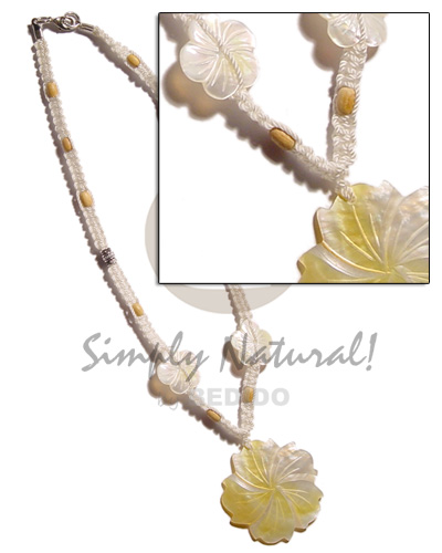 40mm grooved MOP flower  two 25mm MOP flower in white macrame  wood beads - Natural Earth Color Necklace