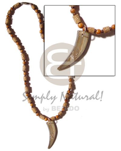mahogany cylinders  wood beads combination & paua abalong fangs - Natural Earth Color Necklace