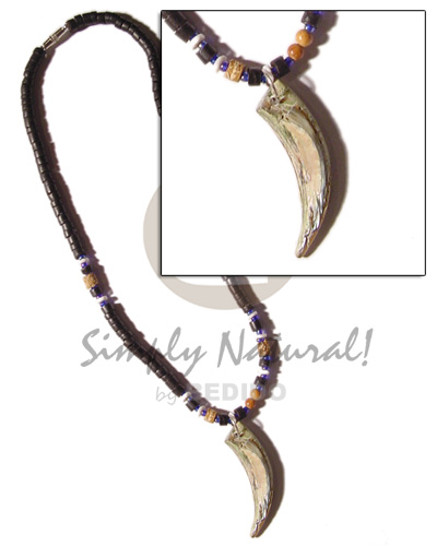 4-5mm black coco heishe  wood beads & mahogany accent  paua abalone pendant - Natural Earth Color Necklace
