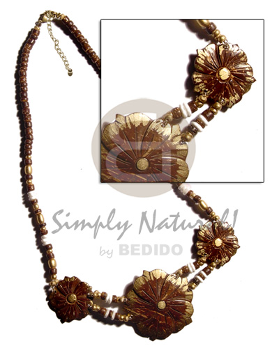 3 coco flowers  gold trimmings in 4-5mm coco Pokalet & white clam heishe - Natural Earth Color Necklace