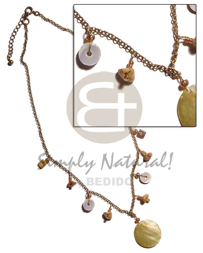 antique chain  dangling shells & buri  35mm MOP pendant - Natural Earth Color Necklace