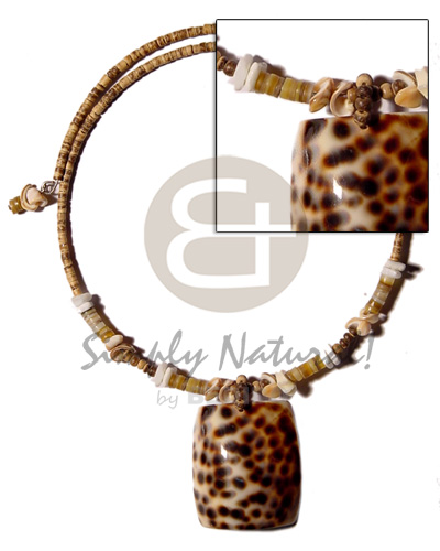 2-3mm coco heishe tiger choker wire  shell accent and cowrie tiger 40mmx30mm pendant - Natural Earth Color Necklace
