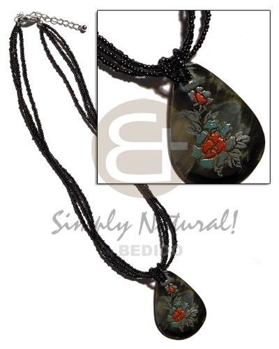 3 layer black glass bead  45mm blacklip handpainted teardrop pendant - Natural Earth Color Necklace