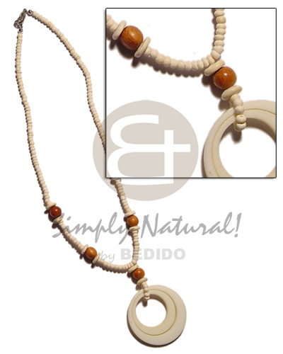 40mm double ring white bone pendant in 2-3mm coco Pokalet. bleach w. wood beads accent - Natural Earth Color Necklace