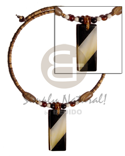 50mmx20mm inlaid back to back MOP & black resin pendant combination in choker wire 2-3 heishe tiger coco  horn & bone accent - Natural Earth Color Necklace