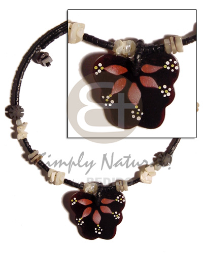 35mm blacktab handpainted pendant in choker wire 2-3 heishe black coco  buri & shell beads  accent - Natural Earth Color Necklace