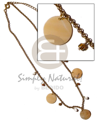 dangling 20mm round melo shell & shell beads in antique metal chain - Natural Earth Color Necklace