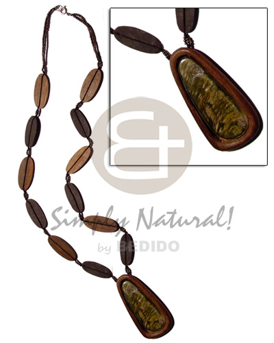 50mm  blacklip inlaid in wood in glass beads & flat wood combination - Natural Earth Color Necklace