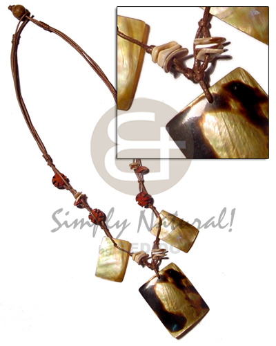 40mmx35mm sq. brownlip tiger pendant in double wax cord  seed & shell bead accent & 2 dangling 30mmx25mm MOP - Natural Earth Color Necklace