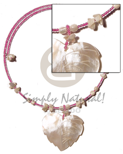 choker wire  pink glass beads &  troca shells bead  40mmx47mm hammershell leaf pendant - Natural Earth Color Necklace
