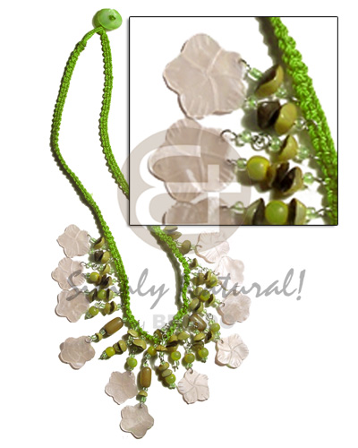 lime green macrame  dangling 15mm nat. flower hammershells  buri seeds - Natural Earth Color Necklace