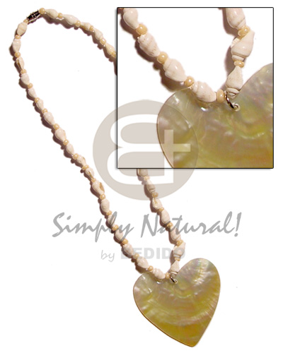 nassa white  glass beads & 40mm MOP heart pendant - Natural Earth Color Necklace