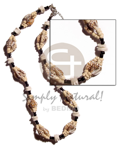 nassa tiger  white rose, 2-3mm coco Pokalet. bleach & glass beads combination - Natural Earth Color Necklace