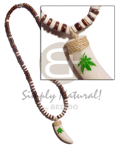4-5mm coco Pokalet. nat. brown  white clam combination & handpainted cowrie tooth pendant - Natural Earth Color Necklace