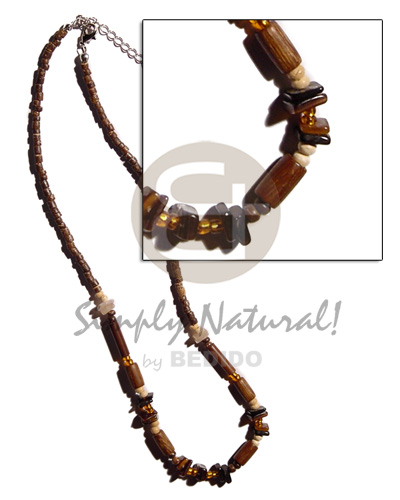2-3mm nat. brown coco heishe  agsam bamboo, tube wood beads & sq. cut blacklip chips - Natural Earth Color Necklace