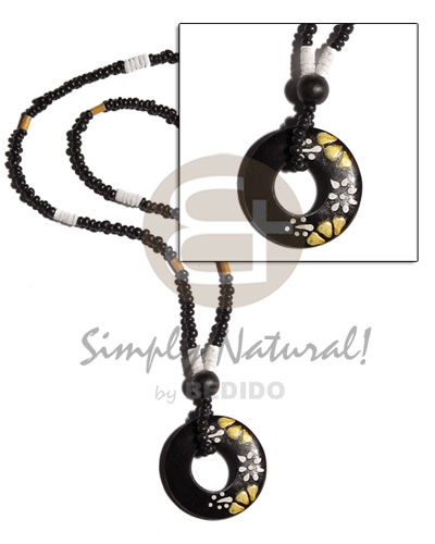 2-3mm black coco Pokalet.  wood heishe,white clam combination & 40mm coco donut pendant  embossed painting - Natural Earth Color Necklace