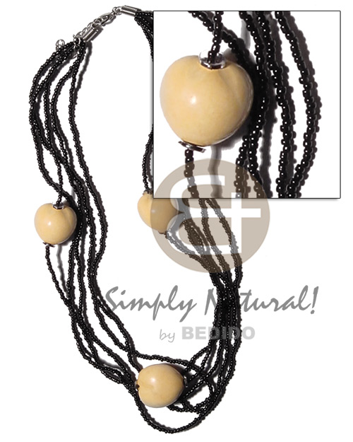 white kukui nuts in 5 rows multilayered black glass beads - Natural Earth Color Necklace