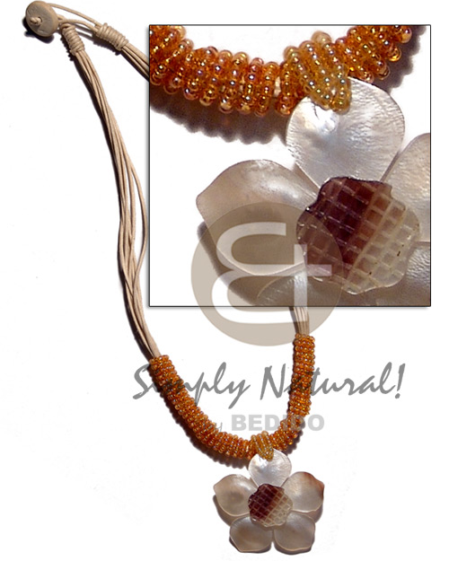 8 layers wax cord  glass beads &  40mm natural flower hammershell  grooved nectar - Natural Earth Color Necklace