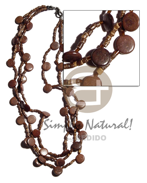 3 rows 2-3mm nat. brown coco heishe  10mm coco sidedrill nat. brown - Natural Earth Color Necklace