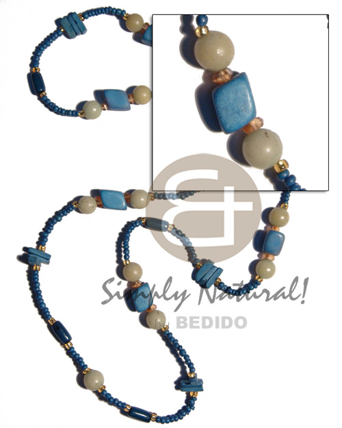 blue wood beads / coco square cut /buri beads combination  in 2-3mm blue coco Pokalet. neckline / 36 in - Natural Earth Color Necklace