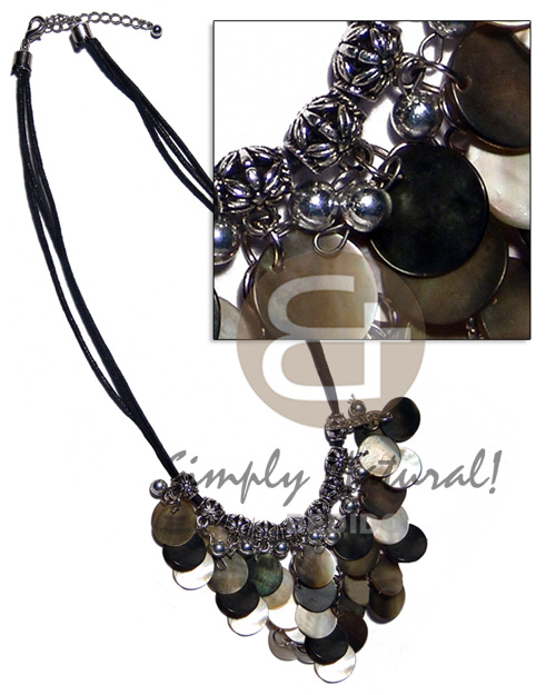 cleopatra- dangling 18mm ( 25pcs.) blacklip  metal accent in triple black wax cord - Natural Earth Color Necklace