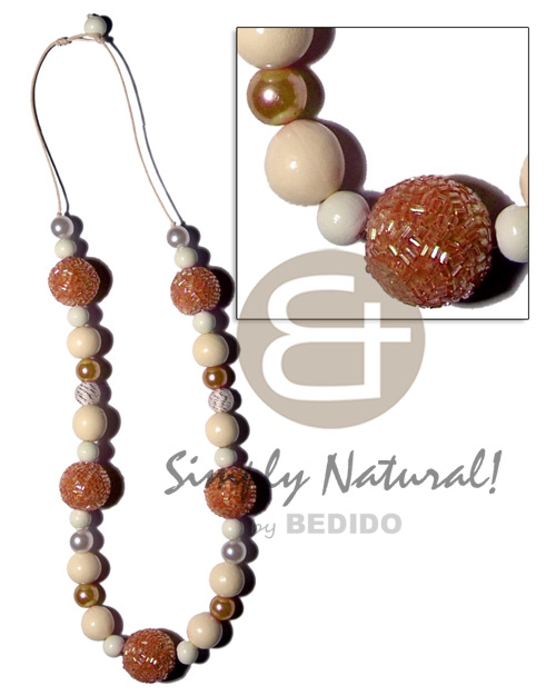 20mm wrapped wood beads in golden cut glass beads  15mm /10mm buffed bleached wood beads , pearl combination in wax cord / 28 in - Natural Earth Color Necklace