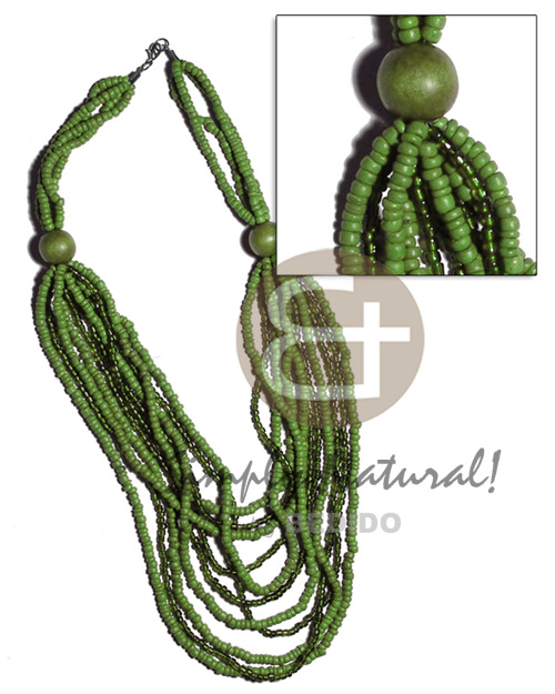 4 rows  graduated multilayered  4-5mm coco Pokalet beads  4 rows 4mm glass beads and  20mm round wood beads accent / olive green tones / 32 in - Natural Earth Color Necklace