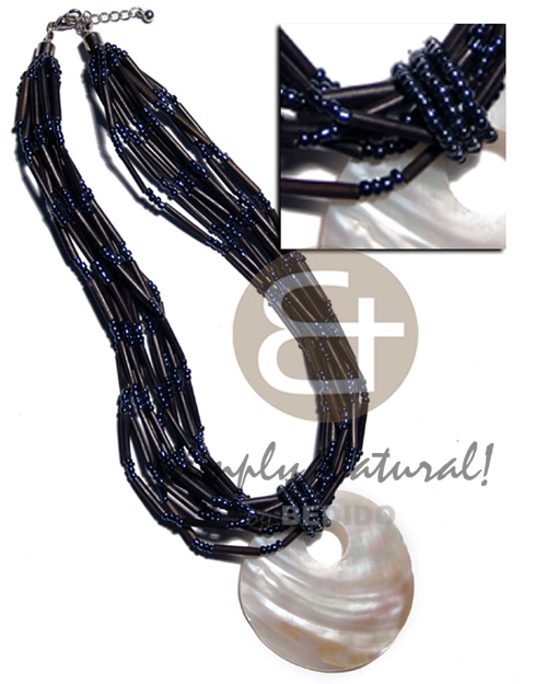 10 rows black agsam bamboo  glass beads alt. & 60mm r0und blacklip shell pendant - Natural Earth Color Necklace