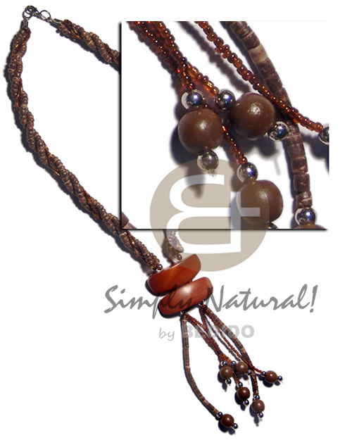 4 rows - 4-5mm coco Pokalet  nat. brown  and cut beads combination  dangling wood bead /coco tasssles - Natural Earth Color Necklace