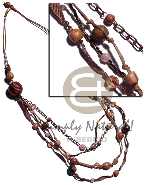 brown tones /2 layers wax cord  matching wrapped 20mm wood beads, 4 graduated layers of metal chain,ribbon,glass beads,wax cords  asstd. round wood beads ,acrylic beads combination / 28 in. - Natural Earth Color Necklace