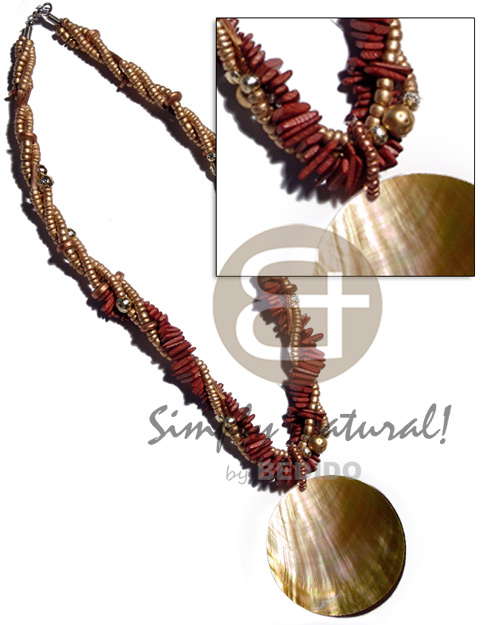 3 rows twisted - 4-5mm gold coco Pokalet  gold beads accent, reddish brown coco chips and 70mm round brownlip shell pendant / 22 in. - Natural Earth Color Necklace