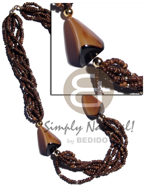 6 rows loosely braided 4-5mm coco Pokalet  gold beads combination and two pcs. 50mmx30mmx40mm carabao horn amber and black  accent / 30 in. - Natural Earth Color Necklace