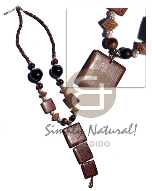 4-5mm nat. brown coco Pokalet.  brown kukui nuts, buri tiger seed.wood beads, 25mm square palmwood  dangling graduated palmwood squares  - 40mm/33mm/28mm / 32 in. including dangling pendants - Natural Earth Color Necklace