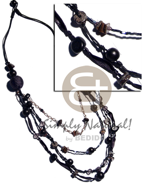 black / 2 layers wax cord  matching wrapped 20mm wood beads, 4 graduated layers of metal chain,ribbon,glass beads,wax cords  asstd. round wood beads ,acrylic beads combination /28 in - Natural Earth Color Necklace