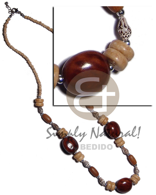 2-3mm coco Pokalet nat.  rubber seeds  nassa tiger, 7-8mm coco Pokalet nat. , wood beads combination / 22 in. - Natural Earth Color Necklace
