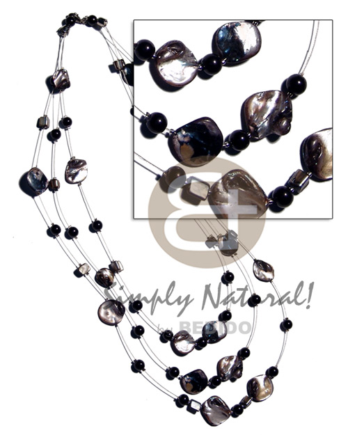 floating black kabibe shell nuggets in 3 graduated rows of magic wire  28" / 24" / 22"   pearl beads accent - Natural Earth Color Necklace